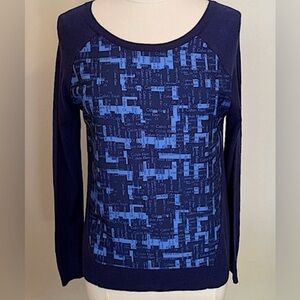 Calvin Klein Blue Monogram Two-Toned Long Sleeve Knit Casual Sweater Size Small